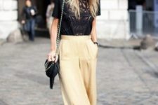 With lace blouse, chain strap bag and black cutout shoes