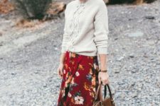 With light gray sweater, brown tote bag and brown high heels