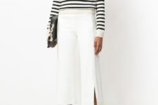 With white and black striped shirt, clutch and embellished flat mules