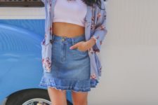 With white crop top, floral jacket and platform sandals