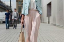 With white shirt, light blue blazer, brown tote and high heels