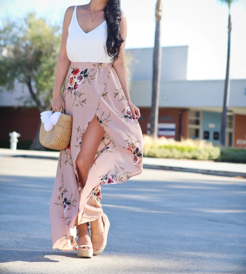 With white top, straw bag and platform sandals