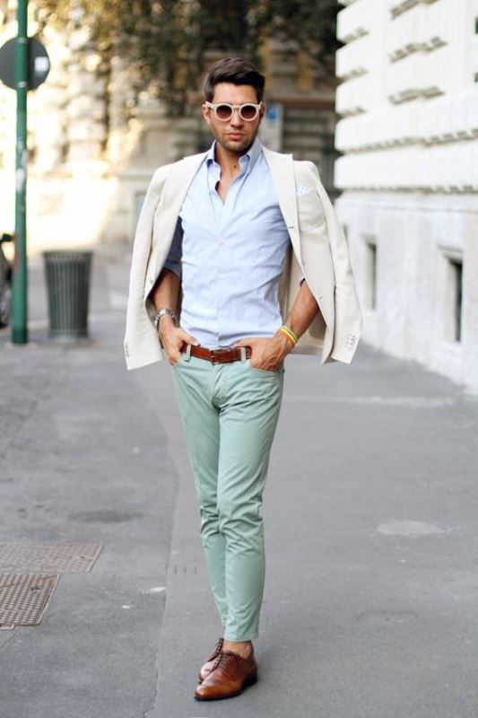 a blue button down, mint grene pants, brown shoes and a belt plus a creamy blazer on top