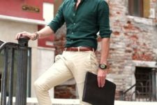 a forest green button down, neutral pants, brown loafers and a matching belt will keep you cool on a hot day