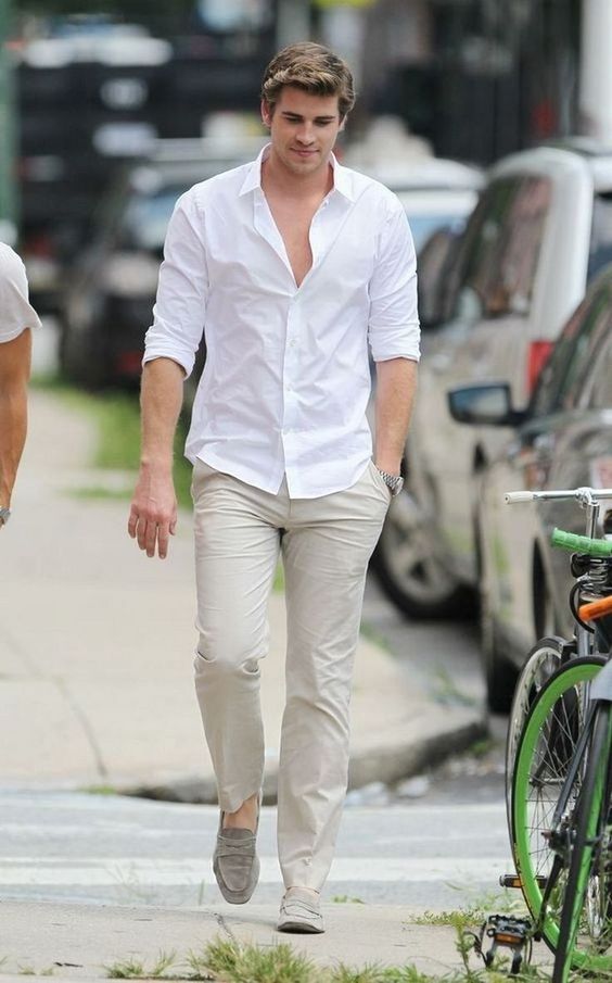 almost all-white look with a white button up, tan pans and matching loafers for a relaxed summer look