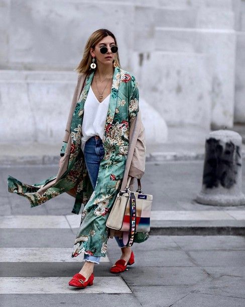 blue jeans, a white top, a grene floral kimono, red loafers and a bold accent bag