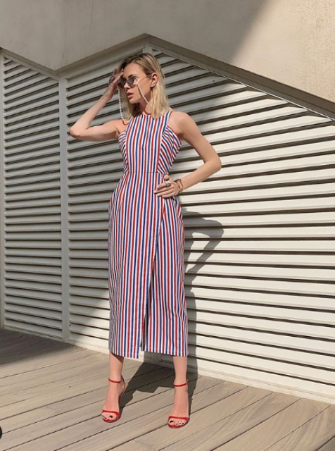 a gorgeous striped navy, red and white wrap midi dress with a halter neckline