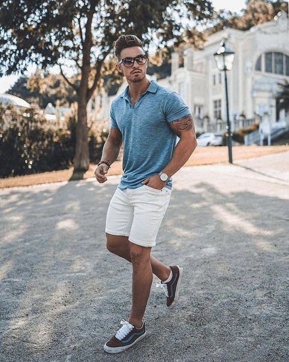 a summer look with a blue polo shrt, white shorts and burgundy sneakers for every day