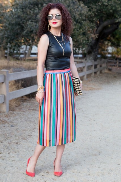 With black leather top, striped clutch and red pumps