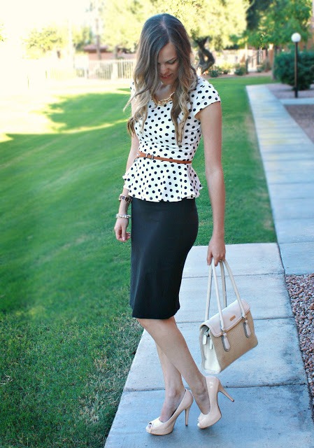 With black pencil skirt, belt, beige bag and cutout shoes