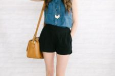 With black shorts, necklace, brown bag and beige flats