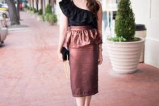 With brown metallic midi skirt, black clutch and black shoes
