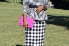 With checked midi skirt, black belt, purple clutch and ankle strap high heels