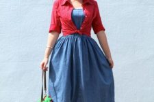 With denim midi dress, red shirt and red shoes