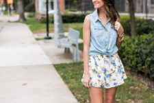 With floral shorts and beige high heels