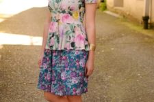 With floral skirt and beige flats