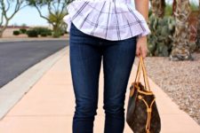 With jeans, printed bag and cutout ankle boots
