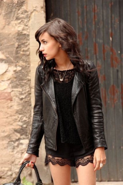 With lace blouse, black leather jacket and tote bag