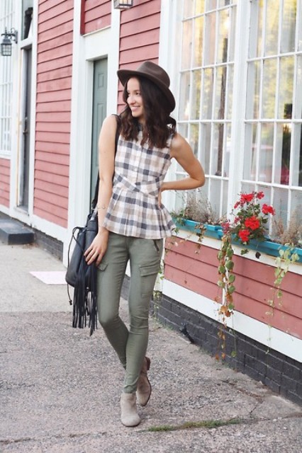 With olive green pants, hat, fringe bag and gray suede boots