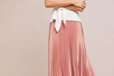 With pale pink pleated midi skirt and marsala flat shoes
