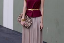 With pleated maxi skirt, leopard clutch and shoes