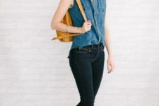With skinny jeans, brown backpack and black flat sandals