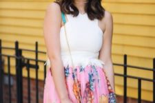 With white top and fruit printed skirt
