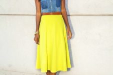 With yellow midi skirt, brown belt and printed ankle strap shoes