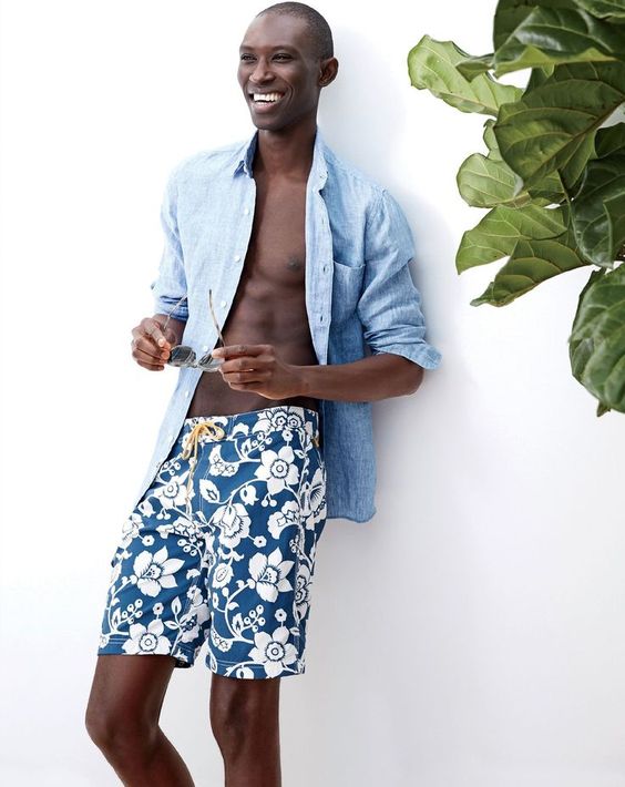 whimsy teal and white florla print long trunks are a hot idea for this summer, they are edgy