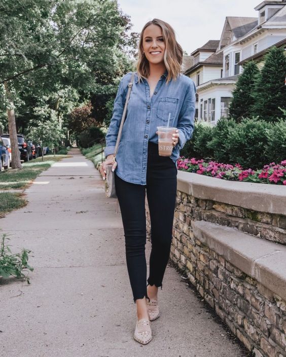 a double denim look with a blue chambray shirt, black raw hem jeans and nude loafers