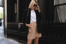 03 a stylish office look with camel long shorts, a white tee, layered necklaces, a black blazer and white strappy shoes