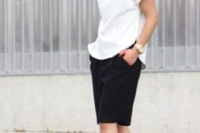 05 a white tee, black long shorts and nude heels for an office-appropriate look
