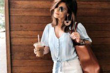 07 a blue tied shirt, a white denim mini skirt, a brown bag and statement earrings