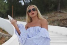 10 a vacation look with a white denim mini, a blue and white striped off the shoulder top with bell sleeves