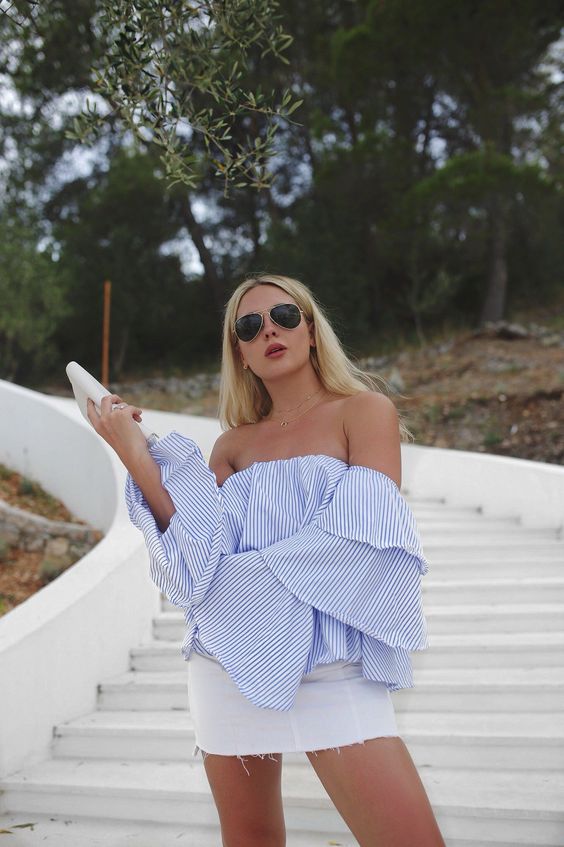 a vacation look with a white denim mini, a blue and white striped off the shoulder top with bell sleeves