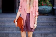 14 a jewel tone fall look with a blush top, a pink oversized blazer, a purple leather mini, neutral boots and a red bag