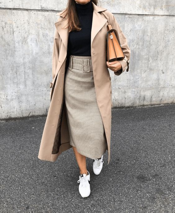 a black turtleneck, a plaid pencil midi, a neutral trench and white sneakers for a girlish and casual look