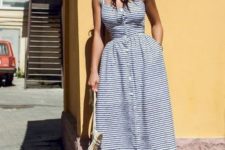 16 a striped blue and white midi dress with pockets and strap, red shoes for a sexy retro look