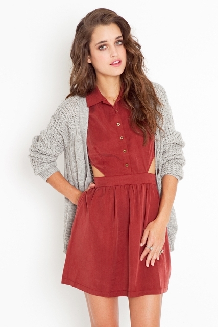 With gray loose cardigan