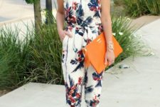 With orange leather clutch and white ankle strap shoes