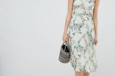With printed bag and polka dot low heeled shoes