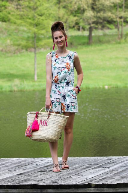 With straw tote bag and flat sandals