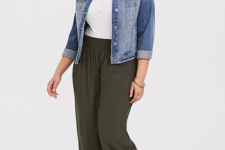 With white top, denim jacket and brown and beige flat sandals