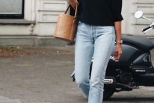 a summer look with cropped bleached jeans and a black top