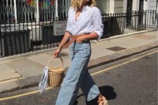 bleached wideleg jeans, a white shirt, espadrilles and a basket bag for a trendy summer look