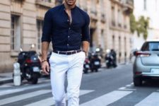 white pants, a navy shirt, brown loafers can be worn both to work and as a casual outft