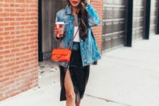 07 a white top, a black velvet midi skirt with a thigh high slit, a blue denim jacket, orange sock boots and a matching bag