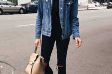 08 a black tee, black ripped skinnies, a blue denim jacket, black loafers and a nude bag