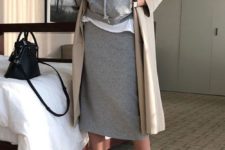 13 a white shirt, a grey midi skirt, a grey hoodie, a neutral trench and white sneakers