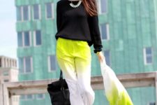 With black loose blouse, necklace, ombre blazer, tote bag and black shoes